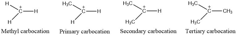 tertiary carbocation, primary carbocation, methyl carbocation, primary carbocation