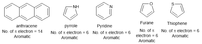 Aromaticity of anthracene
aromaticity of pyrrole 
aromaticity of pyridine
aromaticity of furane
aromaticity of thiophene