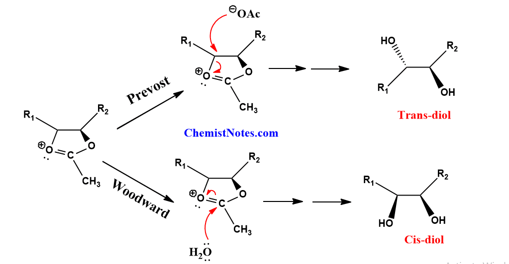 Woodward hydroxylation vs Prevost hydroxylation
